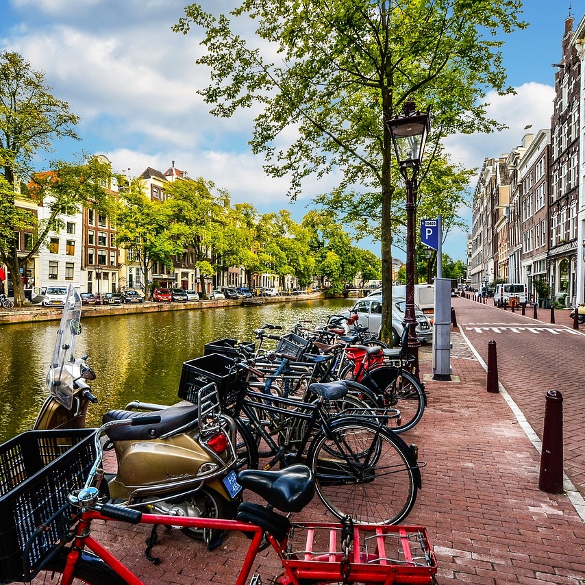 A row of bikes lined up by a canal in Amsterdam on a sunny day